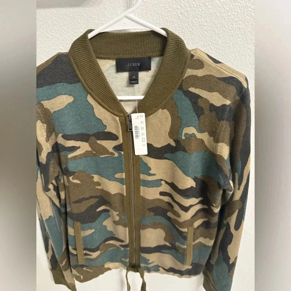 J. Crew Womens XS Green Camo Wool Blend Long Sleeves Full Zip Bomber Jacket NWT - Picture 8 of 9